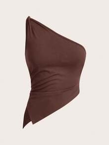 Siren Gaze 情人节酒红色扭结单肩上衣，优雅修身女款 - 紅木色 - 查看 7