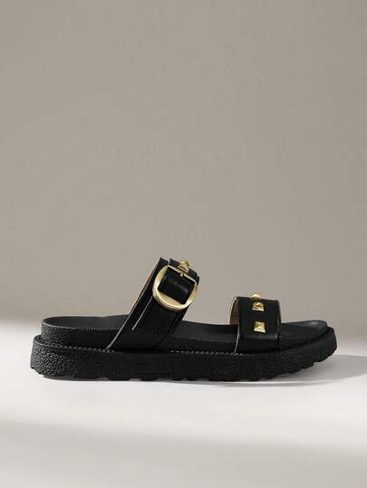 Solecia 新款时尚金属搭扣装饰，搭扣露趾设计，厚底设计，拖鞋，时尚拖鞋，凉鞋，舒适防滑，百搭耐脏，沙滩凉鞋，适合日常穿着