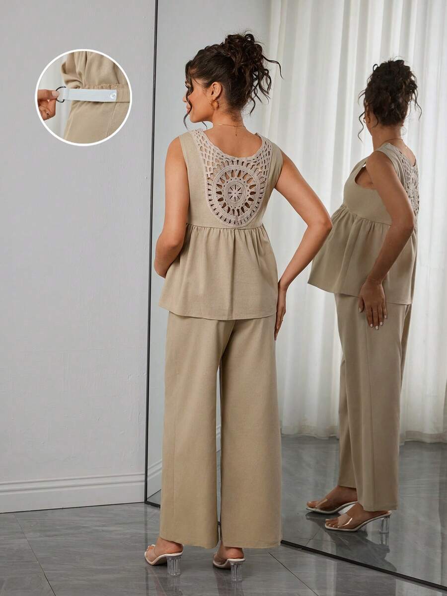 Momance Setelan Hamil 2 Potong Tanpa Lengan Leher Bulat Warna Polos dengan Lipatan dan Lubang-lubang Sederhana, Model Longgar, Musim Panas - Khaki - View 1