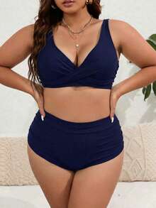 SHEIN Swim Curve Plus Size 2pcs Solid V-Neck Top And High Waist Shorts Women Summer Vacation Bikini Set Set - Navy Blue - View 3
