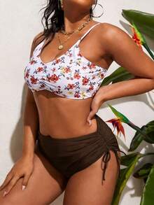 Swim Vcay Plus Size Solid Color Ruched Drawstring Casual Bikini Bottom - Brown - View 5