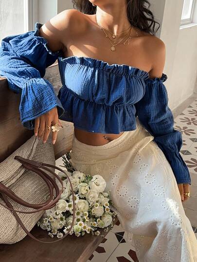 Sunnyshic Eenvoudige, effen, off-shoulder denim top voor dames