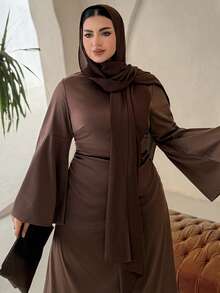 Dazy Plus Vestido ajustado de manga larga y unicolor elegante para mujer de talla grande, primavera/verano - Marrón - Ver 4