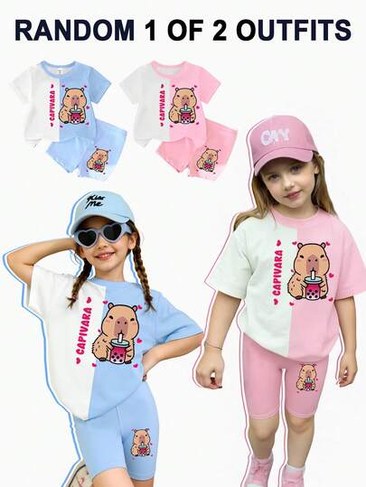 2pcs/Set Young Girl Casual Creative Personalized Fresh Cute Cartoon Bubble Tea Heart Contrast Color Slogan Graphic Print T-Shirt And Bike Shorts Suit, Comfortable Cozy Summer And Fall Styles, Suitable For Spring, Summer, Autumn