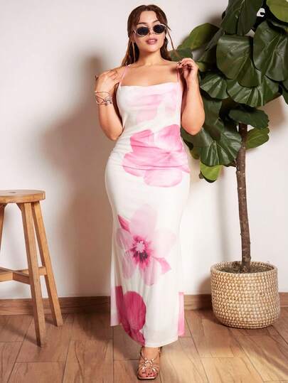 Lupita Cardoza Women's Sexy Low-Cut Slingback Halter Dress With Pink Floral Prints For Slimming And Slimming. Elegant And Sexy Outfit For Summer Vacation,Bohemian Clothes,Bodycon Dress