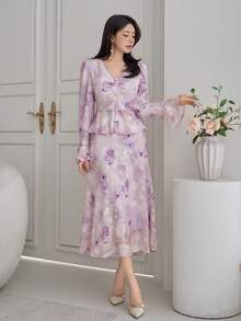 DAZY Women's Elegant Floral V-Neck Puff Sleeve Blouse And Fish Tail Hem Skirt 2-Piece Set, Spring/Summer,Wedding Guest Dress Women - Purple - View 7