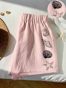 Comfortcana 女士休闲弹力腰带贝壳印花短裤，适合夏季度假和日常通勤。 - 藕粉色 - 查看 4