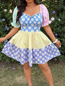 Sunnyshic Plus Size Fashionable Sexy Halter High Slit Dress, Suitable For Parties, Music Festivals Patchwork Dress Daisy Dress Picnic Dress Wildflower Dress - Gold - View 6