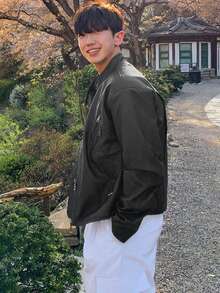 DAZY Men's Solid Black Zip-Up PU Jacket And Coat, Spring/Autumn - Black - View 4