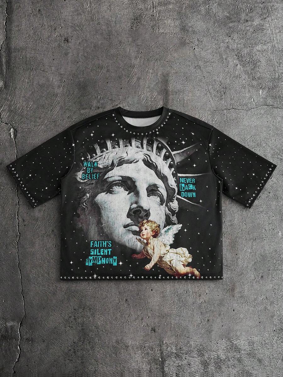 AXEPEAK 男士针织休闲宽松短袖T恤，时尚青春 - 黑色 - 查看 1