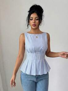 GlowEve Women's Sleeveless Ruched Waist A-Line Blue & White Striped Casual Tank Top, Suitable For Dates, Fresh Style, Versatile - Blue and White - View 3