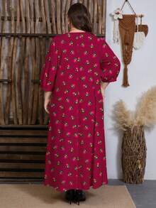 SHEIN Najma Robe midi évasée à taille ajustée avec imprimé floral et végétal, col rond, plis et blocs de couleurs. Motif printanier. Robes longues pour femmes, robes bohèmes, robes africaines, kurtas pour femmes. - Multicolore - Voir 2