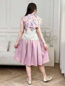 SHEIN 2pcs/Set Teen Girl Elegant Floral Print Shirt With Ruffle Hem & Ruched Flare Skirt, Teen Skirts Sets, 2 Piece Sets Skirts,Kids - Pink - View 2