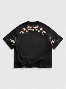 ROMWE MEN Street Life Camiseta de manga corta casual y versátil con cuello redondo y bordado floral para hombre - Negro - Ver 1