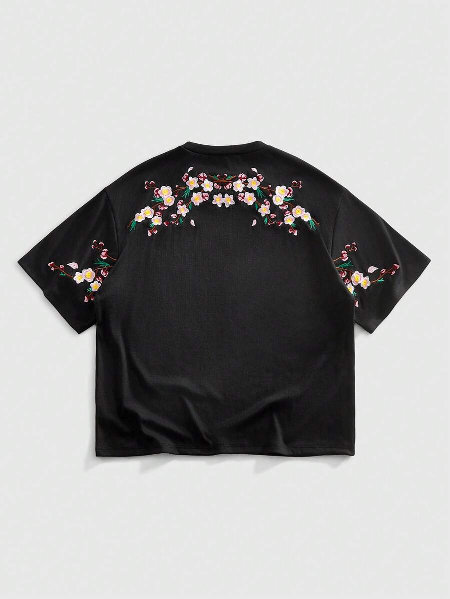 ROMWE MEN Street Life Camiseta de manga corta casual y versátil con cuello redondo y bordado floral para hombre - Negro - Ver 1
