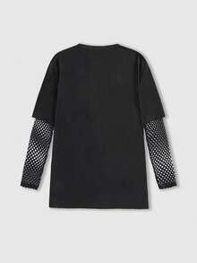 Goth 哥特暗黑学院猫咪印花网眼拼接宽松女款T恤 - 紫色 - 查看 2