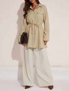 RueChic LONG SLEEVE TIED UP WAIST FLAP POCKET DRESS - Brown - View 5