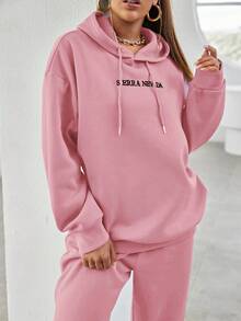 RueChic Cotton Slogan Graphic Drop Shoulder Drawstring Hoodie & Sweatpants - Baby Pink - View 5