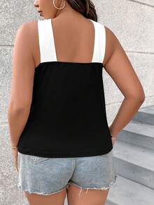 SHEIN PETITE CURVE Áo nữ cỡ lớn phối màu, kiểu dáng đan chéo bằng kim loại, thích hợp mặc hàng ngày. - Đen và trắng - Xem 2