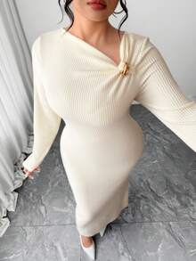 Elenzga Plus Size Women Elegant Oblique Shoulder Long Sleeve Dress, Spring - Apricot - View 7