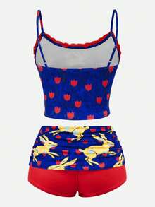 Y2Kool Maria Clara Maia Blue & Red Color-Block Rabbit Rose Easter Y2K Street Fashion Casual Women's Lace Patchwork Two-Piece Set, Suitable For Autumn And Winter Home, Party, Vacation, Holiday, And Daily Outfits - Blue - View 10