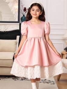 Đầm công chúa bằng satin thanh lịch dành cho bé gái tuổi teen, đính ngọc trai, eo thắt, chân váy xòe họa tiết hoa, thích hợp cho các dịp trang trọng như dạ hội, tiệc tùng, sinh nhật. - Hồng - Xem 1