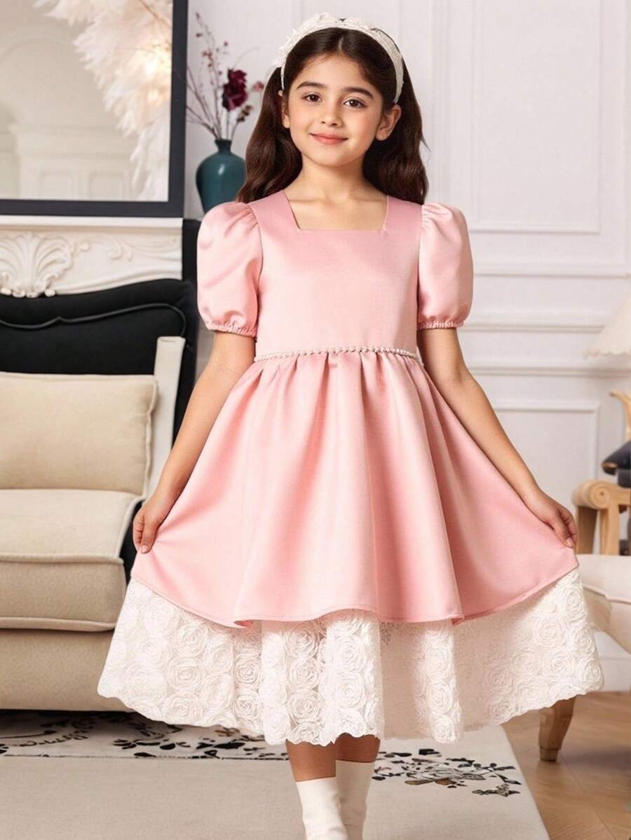 Đầm công chúa bằng satin thanh lịch dành cho bé gái tuổi teen, đính ngọc trai, eo thắt, chân váy xòe họa tiết hoa, thích hợp cho các dịp trang trọng như dạ hội, tiệc tùng, sinh nhật. - Hồng - Xem 1