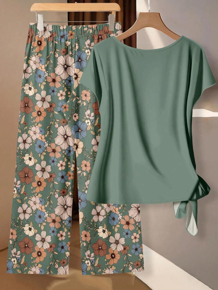 EMERY ROSE Plus Size Women's Green Summer Boho Everyday Solid Bat Sleeves Side Knot Top And Floral Pattern Pants 2Pcs Suit,Mother Of The Bride Party Outfit - Multicolor - View 2