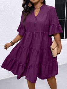 EMERY ROSE Đầm nữ cỡ lớn mùa hè, kiểu dáng đơn giản, màu trơn, cổ chữ V, tay bồng, xếp tầng, thích hợp cho đi nghỉ mát, đi làm hàng ngày. - Màu đỏ tím - Xem 5