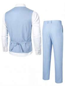 Manfinity Bizformal Men's Suit Set, Allover Print Lapel Long Sleeve Top And Stylish Business Long Pants Men Wedding Outfit Men Suits Groom Royal Blue And White Suit Baby Blue Men Outfit Men Dress Wear,Weekend Trips, Outdoor Activities, Travel Expeditions, Relaxed Work Environments Or Semi-Formal Occasions, Boyfriend/Husband Gift, Anniversary /Birthday Gift Party Summer Vacation Holiday New Years Wedding Valentine's Day,Blue Vest, Suit Pants, Men's Suit Set, Groom / Best Man Clothing - Baby Blue - View 3