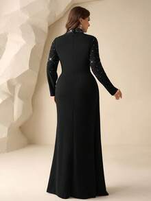 Coutiva 大码女士水钻装饰立领长袖褶皱修身正式晚礼服 - 黑色 - 查看 2