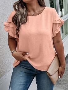 SHEIN Clasi Plus Size Round Neck Ruffle Hem Casual Solid Color Short Sleeve Shirt - Baby Pink - View 4
