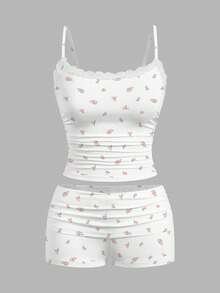 SHEIN Essnce 两件套女士蕾丝吊带背心和碎花短裤套装，适合夏季，也可搭配秋冬季节穿着，居家风格，适合外出，返校季必备，时尚别致，Y2K风格 - 彩色 - 查看 5