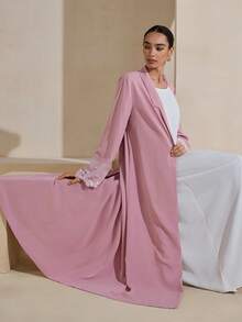 Women's Long Sleeve Elegant Applique Arabic Style Abaya - Coral Pink - View 5