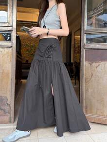 DAZY 女士系带纯色休闲半身裙 - 黑色 - 查看 6