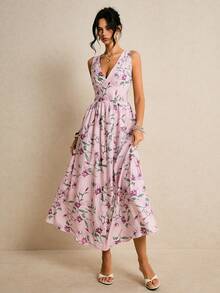 Poéselle 女士V领印花优雅收腰长款派对连衣裙 - 淺粉色 - 查看 2