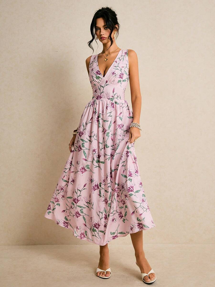 Poéselle 女士V领印花优雅收腰长款派对连衣裙