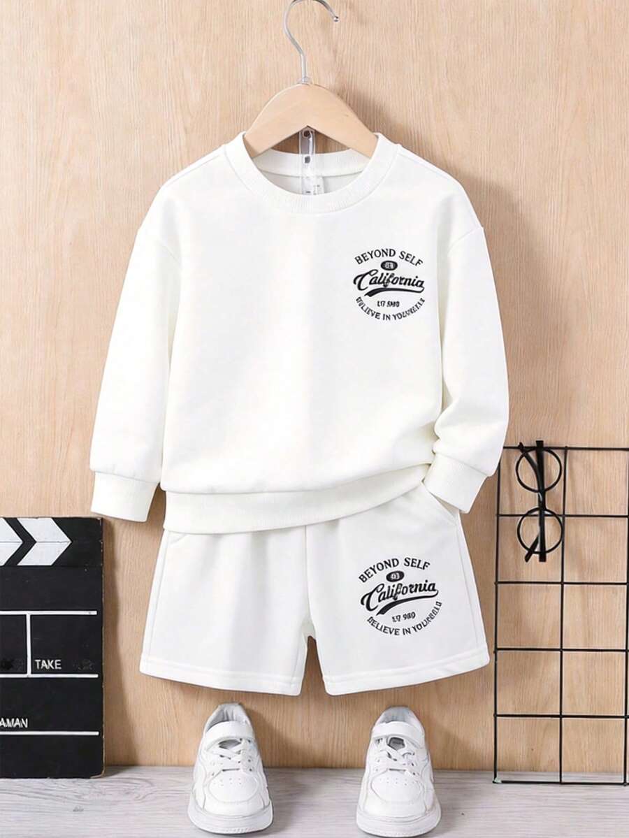 SHEIN Genkimix Kids 2pcs/Set Girls' Round Neck Long Sleeve Sweatshirt And Pants Set, Fashionable Casual Everyday Wear, Spring/Autumn Kids Sweat Set Sweatshirt Set For Girl Two Piece Kids Set Kids Two Piece Set Kids Long Sleeve Summer Sets - White - View 1
