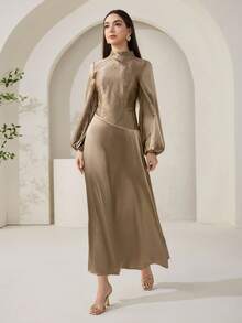 Veilorie Nuevo vestido de cóctel elegante de patchwork con correa en la cintura, estilo de lujo y elegante para fiestas - Marrón - Ver 5