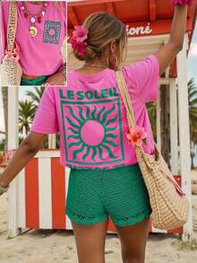 DrmWander Women's Graphic T-Shirt, Casual Street Style Short Sleeve Tee, Cute Summer Top - Hot Pink - View 4