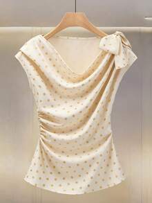 Modelyn Stylish Foil Polka Dot Draped Neck Cinched Waist Blouse, High-End, Spring/Summer - Apricot - View 4