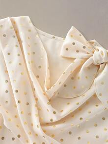 Modelyn Stylish Foil Polka Dot Draped Neck Cinched Waist Blouse, High-End, Spring/Summer - Apricot - View 5
