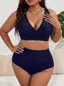 SHEIN Swim Curve Plus Size 2pcs Solid V-Neck Top And High Waist Shorts Women Summer Vacation Bikini Set Set - Navy Blue - View 5