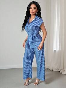 Vavine Women's Striped Collared Twist Waist Short Sleeve Top And Wide Leg Pants Casual 2 Pieces Set - Blue - View 5