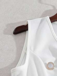 GlowEve Women's Woven V-Neck Double-Breasted Sleeveless Waist A-Line Elegant Business/Office/Casual Short Dress, Spring/Summer - White - View 4