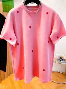 Resyla Women's Round Neck Heart Embroidery T-Shirt - Round Neck Casual Top - Lightweight T-Shirt Suitable For All Seasons - Pink - View 3