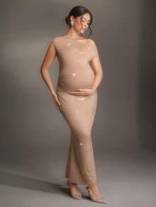 Cheriluna Maternity Maternity Solid Color Asymmetric Neckline Fitted Rhinestone Decor Photoshoot Dress - Apricot - View 4