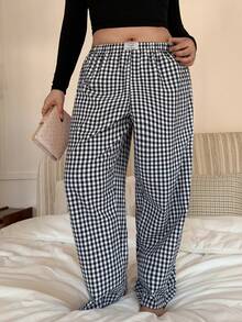 Napfluff CURVE Napfluff CURVE New Plaid Print Plus Size Pants, Spring/Summer - Blue and White - View 5