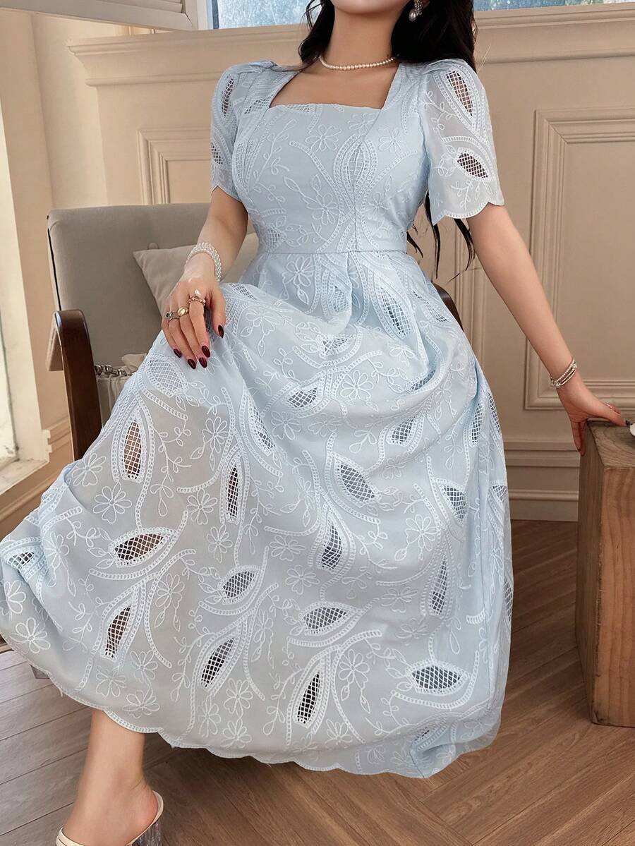 DAZY 女士优雅印花方领泡泡袖中长连衣裙，夏季 - 藍色 - 查看 1