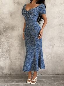 Sunnyshic 女士牛仔超长高开衩连衣裙 - 藍色 - 查看 2